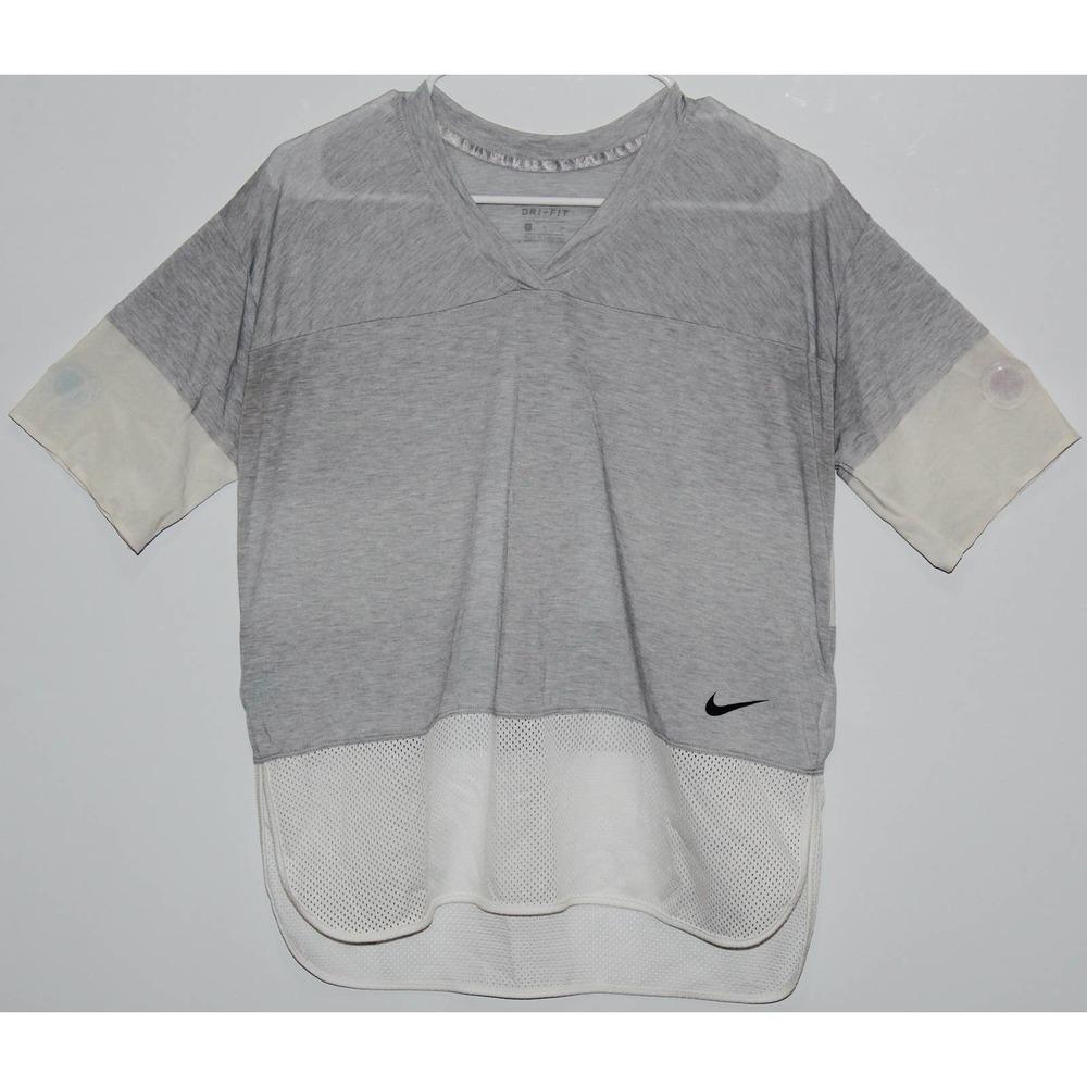 Womens Nike Breathe Mesh T-Shirt 876157 Gray White Short Sleeve Tee Shirt Size S